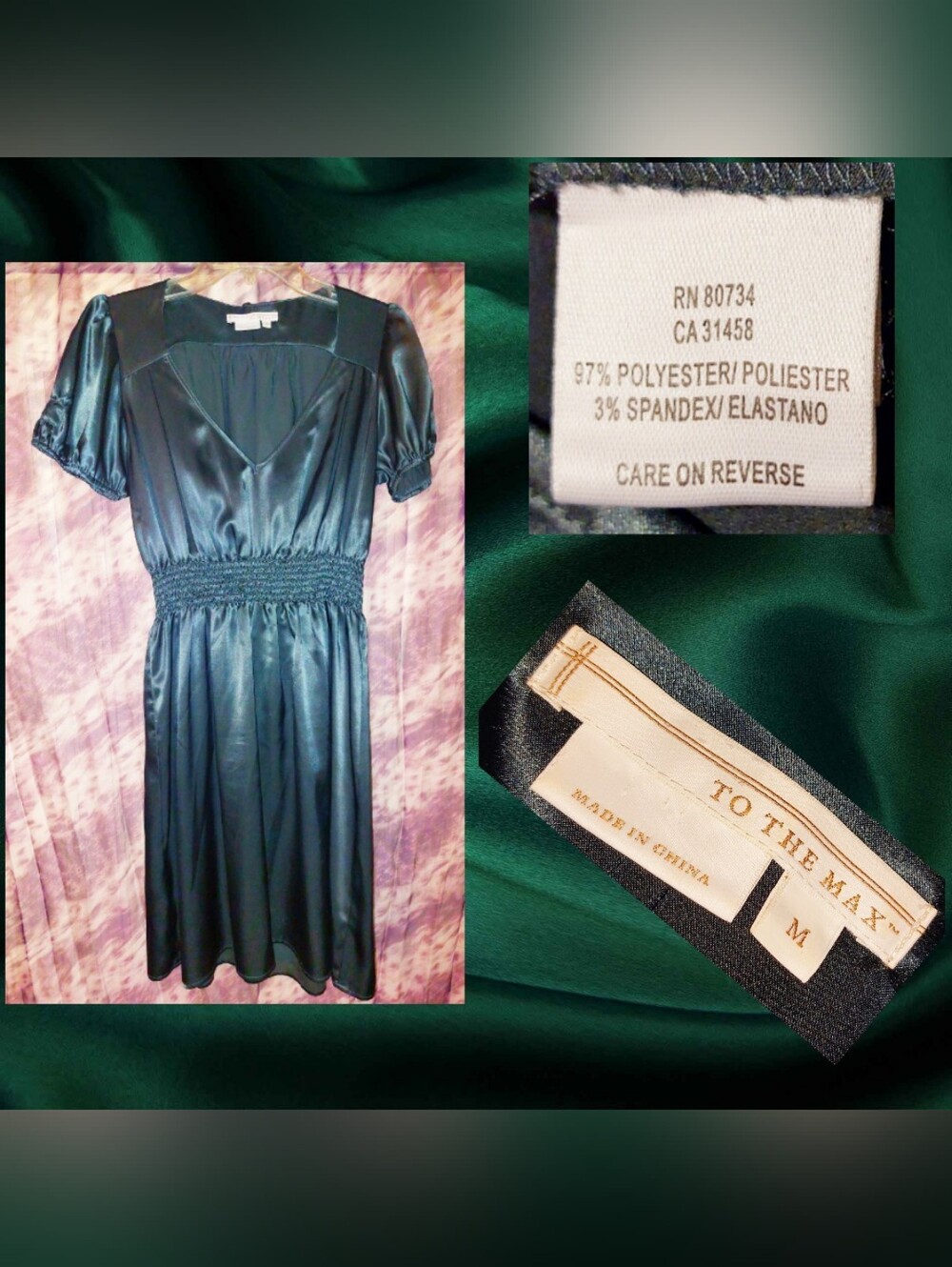 To The Max brand Deep Emerald Green V-Neck Soft Woven Satin Dress Sz Medium
